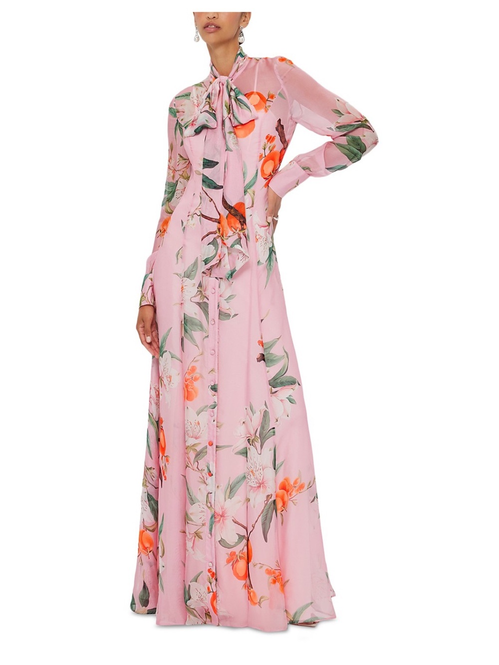LEO LIN Lilith Tie Neck Maxi Dress Pink Floral Lavish Print Silk Blend Gown US 4